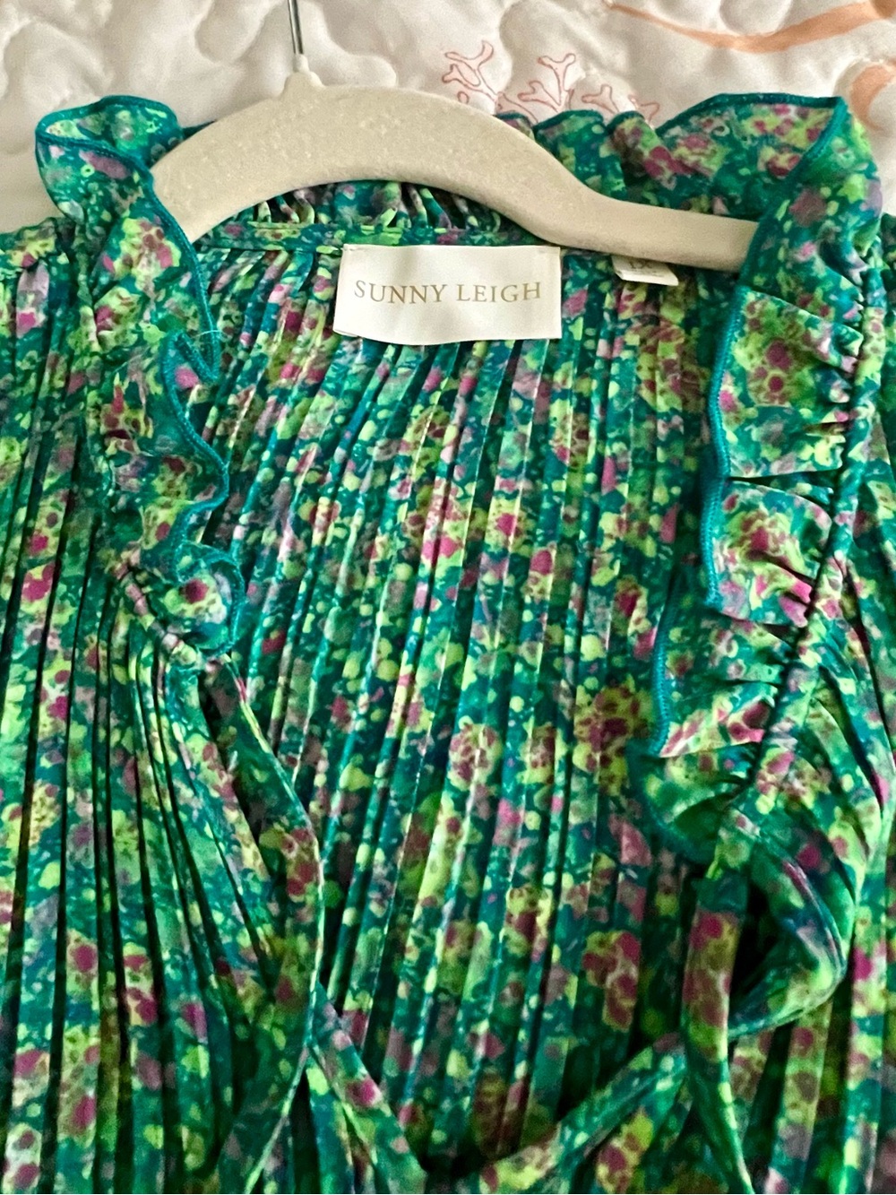 Sunny Leigh Green Floral Pleated Ruffle Blouse